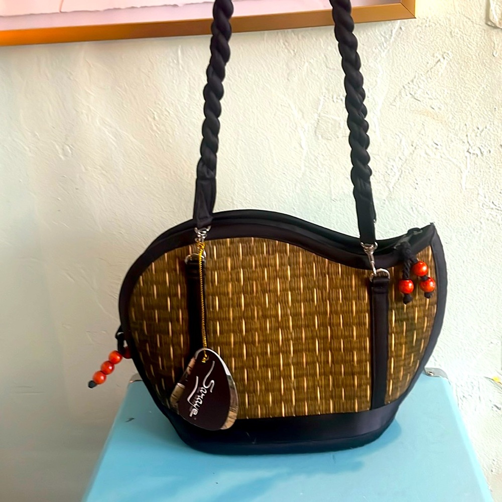 Cambodian Green basket-woven art-deco bag with red beads and braided straps